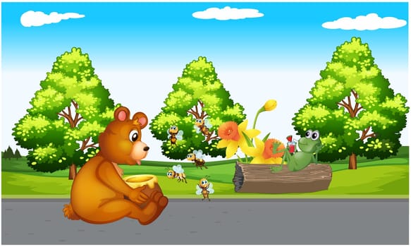 various animals sitting in a jungle and eating honey