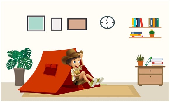 girl is enjoying picnic in a room