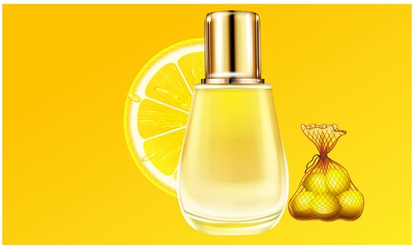 mock up illustration of small glass bottle perfume made up of lemon extracts
