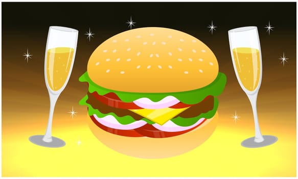 fast food and wine glass on abstract background
