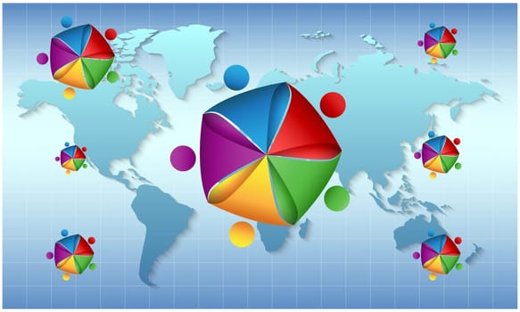 colorful pentagon with dots on world map background