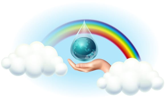 save earth and environment on rainbow and clouds background