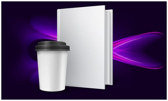 mock up illustration of hot drink mug and notebook on abstract background