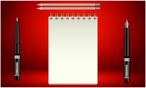 mock up illustration of notebook, pen, pencil on abstract background
