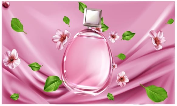 mock up illustration of female perfume on silk texture background