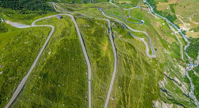 Famous Furkapass in the Swiss Alps - Switzerland from above - aerial photography