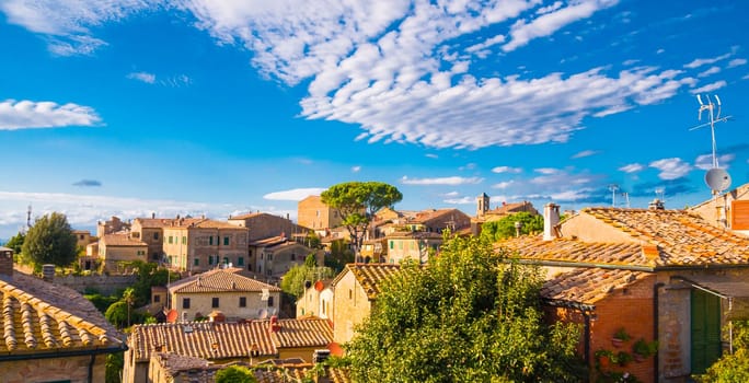 Aerial view over the historic city center of Volterra - a village in the Tuscany