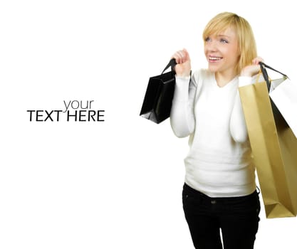 Woman with shopping bags and the copy space