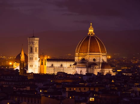 The Florence Cathedral on Duomo Square at night - amazing aerial view - Tuscany, Italy