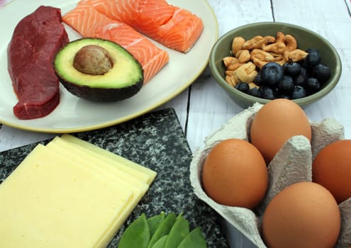 low carb ketogenic gluten free paleo style diet protein based meat fish dairy eggs veg berries and nuts background with copy space