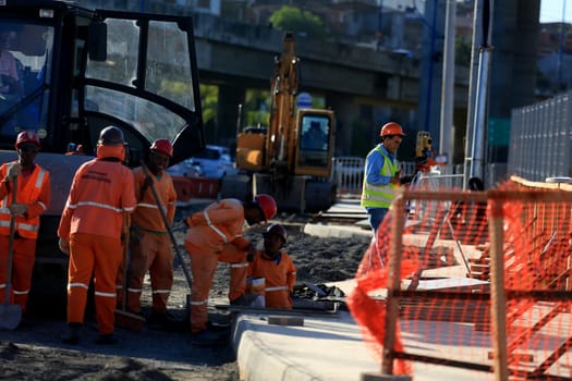 salvador, bahia / brazil - september 15, 2015: workers are seen working on the construction of the bus station next to the metro station in Ratula do Abacaxi in the city of Salvador...