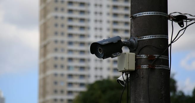 salvador, bahia / brazil - july 2, 2020: monitoring and security camera is seen in a residential condominium in the city of Salvador.