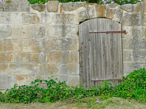 Old wooden door in an medieval abbey wall