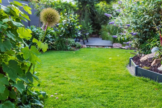 Landscape view of beautiful garden with freshly mowed lawn and flowerbed. Soft focus on foreground plants.