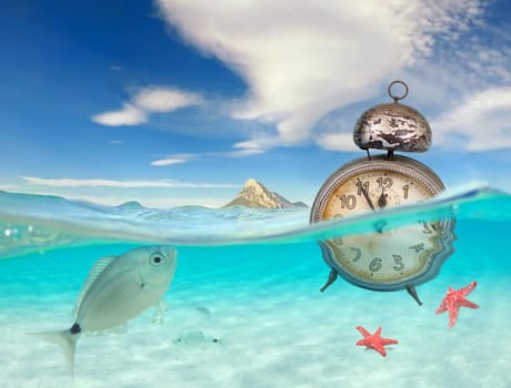 turquoise ocean with underwater view and clock, global warming of the oceans, time to change, concept for environmental protection