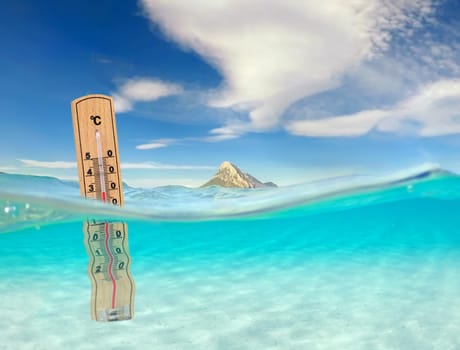turquoise ocean with underwater view and thermometer, global warming of the oceans, concept for environmental protection