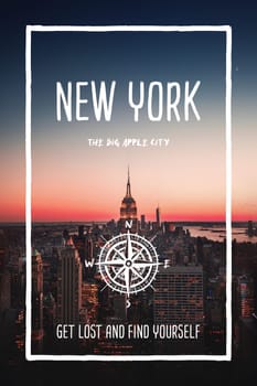 NYC, New York, United States, the big apple city. Trendy travel design, inspirational text art, cityscape sunset skyline background. Touristic adventure concept, compass symbol and trip typography.
