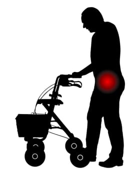 Mann mit Hüftschmerzen und Rollator