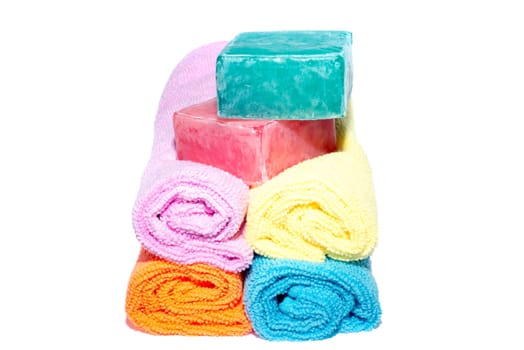 soap bars on facecloths off various shades with some in rolls