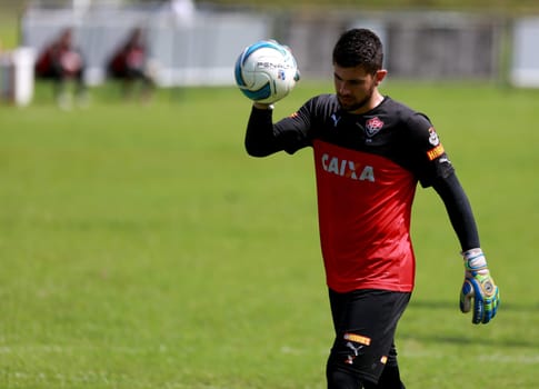 salvador, bahia / brazil - may 5, 2015: Fernando Miguel Kaufmann, goalkeeper of Esporte Clube Vitoria is seen during team training in the city of Salvador.