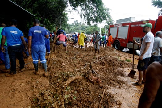salvador, bahia / brazil - april 9, 2015: members of the fire department and volunteer people are seen during excavation of land that slid from a slope in the city of Salvador. the group seeks victims in the middle of the earth....