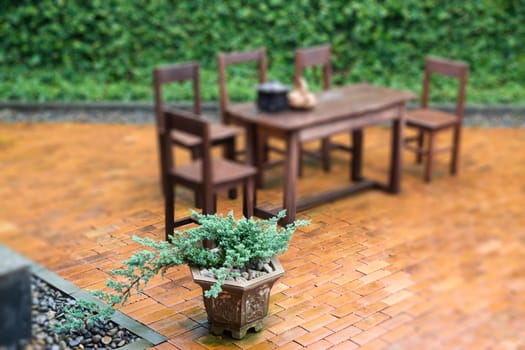 Blur background of outdoors garden furniture set, stock photo