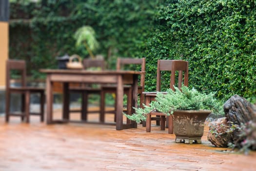Blur background of outdoors garden furniture set, stock photo