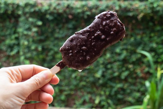 Ice cream covered with chocolate and nuts, stock photo
