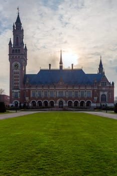Peace Palace in Hague, Seat of the International Court of Justice part of united nation UN, The Netherlands in summer time.  ICJ or world court gives advisory opinions on international legal issues.