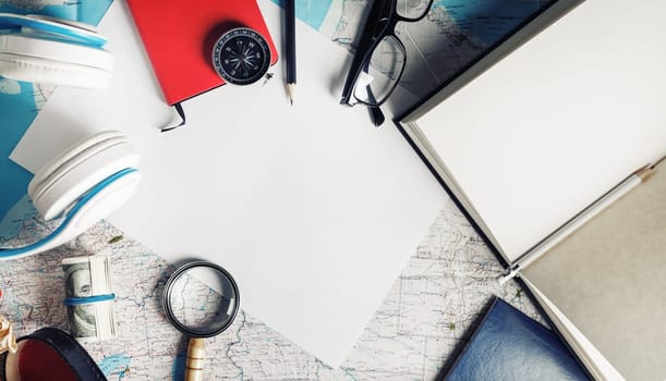 Travel accessories and items. Prepared for the trip. Travel plan. Top view. Flat lay.