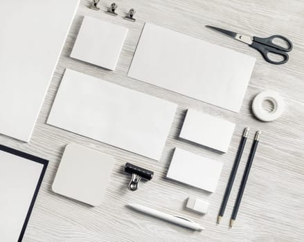 Blank corporate stationery set on light wooden background. Template for branding identity. Top view. Flat lay.