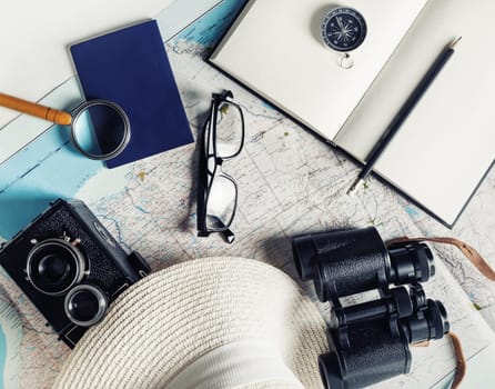 Traveler's accessories still life. Essential vacation items. Flat lay.