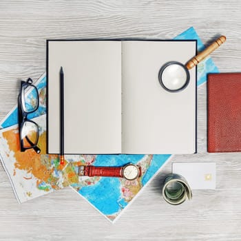 Travel plan background. Trip or vacation items. Flat lay.