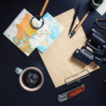 Ready for the trip. Travel plan background. Traveler's accessories. Planning vacation. Top view. Flat lay.
