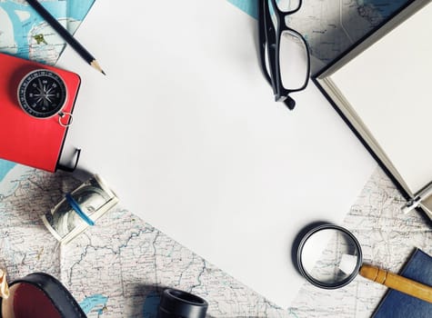 Travel plan background. Traveler accessories and items. Top view. Flat lay.