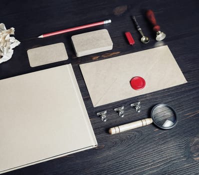 Blank vintage branding identity set on wood table background. Corporate stationery template.
