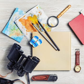 Essential travel accessories. Vintage traveler items. Vacation concept. Flat lay.