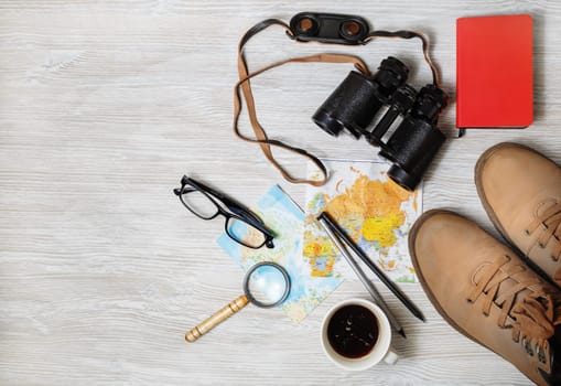 Travel plan background. Trip vacation. Outfit and accessories of traveler. Flat lay.