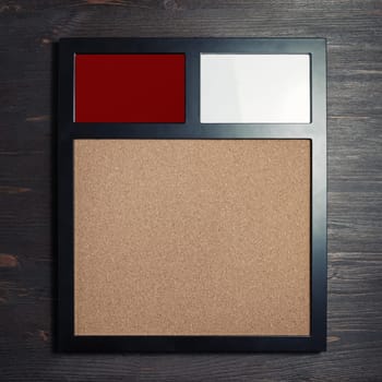 Vintage photo frame template on wood table background. Top view. Flat lay.