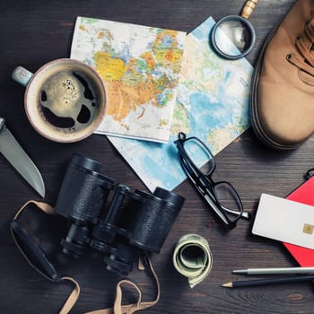 Accessories for travel. Traveler's outfit and vacation items. Flat lay.