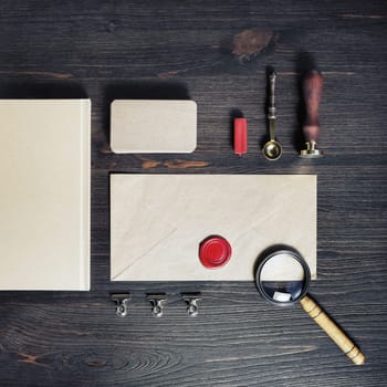 Blank vintage corporate identity. Stationery template on wood table background. Branding mockup. Flat lay.