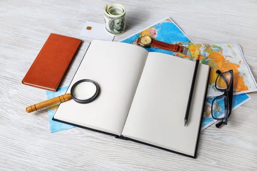 Prepare accessories and travel items. Planning vacation.