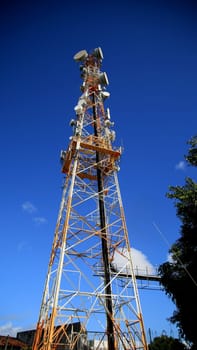 salvador, bahia / brazil - july 4, 2020: cell phone antenna and tv broadcast is seen in the Cabula neighborhood in the city of Salvador.