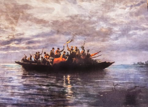 Secret burial of Hernando de Soto in the Mississippi River at night 1542. Painted by Rafael Monleon y Torres in 1887. Exploradores Visitors Centre, Trujillo, Spain