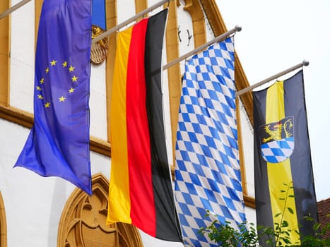 Amberg Bavaria City Town Hall Flags Banner Flags Flag Upper Palatinate East Bavaria historic old town historic Palatinate Lion Coat of arms Heraldic animal Market Square Germany Europe