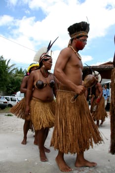 porto Seguro, bahia / brazil - february 27, 2008: Pataxo Indians are seen doing a typical dance, during a protest in search of improvements in the health system of their village in the city of Porto Seguro.