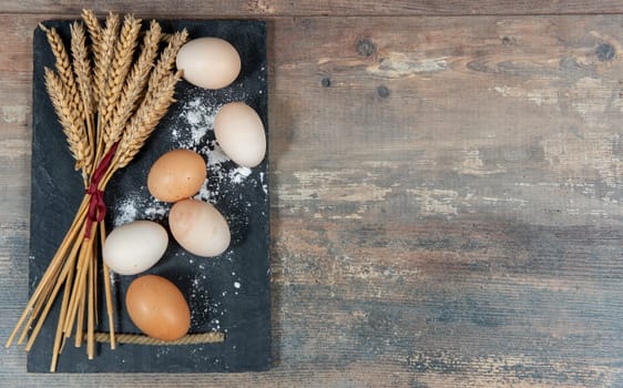 fresh eggs and some wheat ears, a copy space