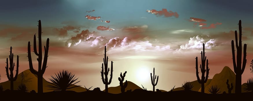 Sunset in the Mexican desert. Sun and clouds. Silhouettes of stones, cacti and plants. Evening landscape with cacti. Stony desert.