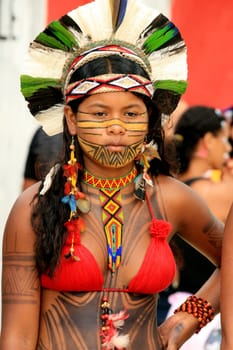 santa cruz cabralia, bahia / brazil - april 19, 2009: India from the Pataxo hill is seen during indigenous games in the Coroa Vermelha village in Santa Cruz Cabralia.