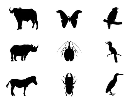 Wild animals black silhouettes, Bird,  insect and wildlife vector illustration isolated on white